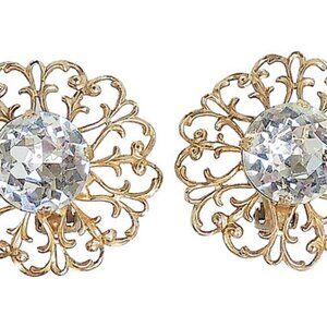 Vintage 1950s Signed Napier Goldtone Rhinestone Flower Clip Earrings